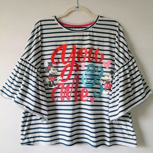 Disney Park Blue Mickey and Minnie You & Me Bell Sleeve Striped T-Shirt Size L